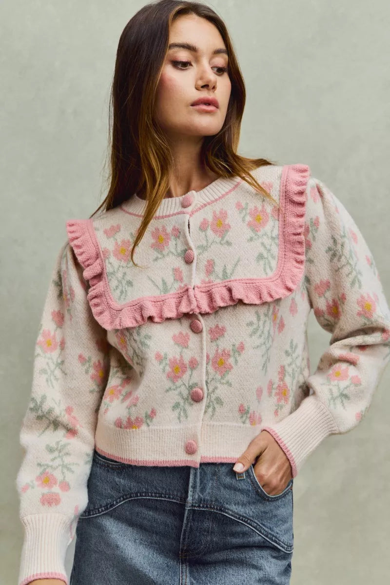 SO ME Flower With Ruffle Detailing Sweater Cardigan in - photo