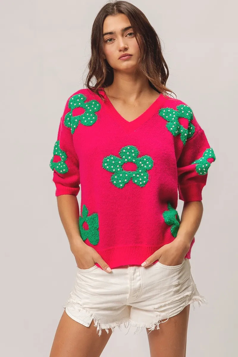 BiBi Pearl Beads Flowers Sweater Top in - photo