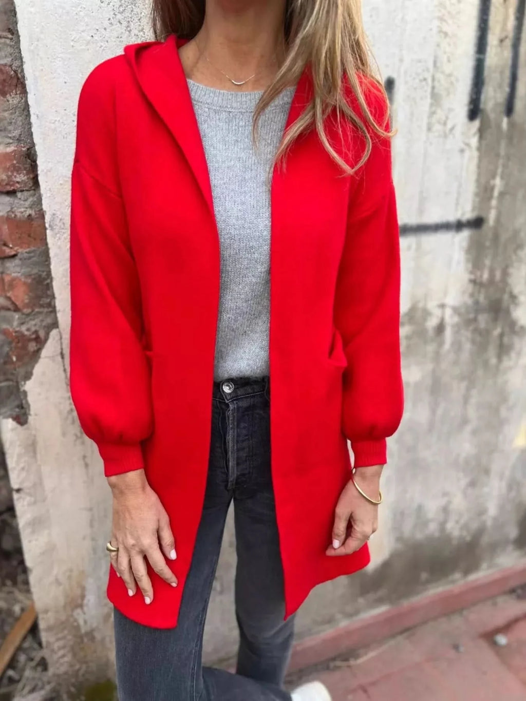 Full Size Open Front Drop Shoulder Hooded Cardigan Plus Size in Red - photo