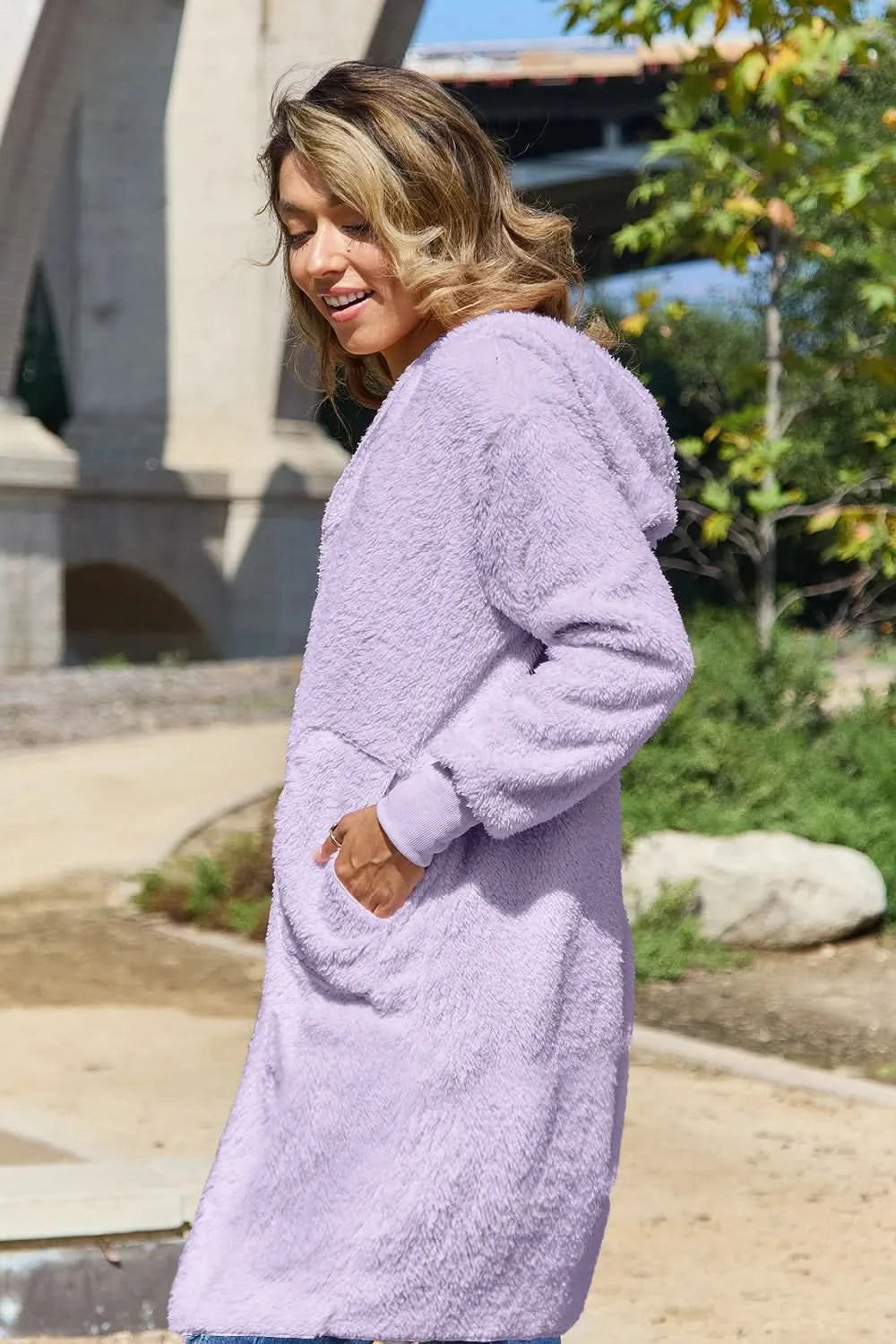 Double Take Full Size Hooded Teddy Bear Jacket with Thumbholes in - photo