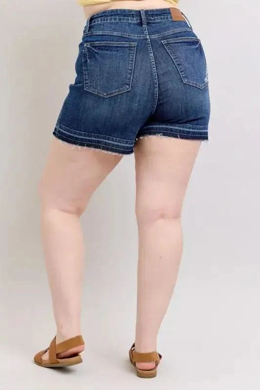 Judy Blue Plus Size HW Tummy Control Destroy Release Hem Denim Shorts - SwagglyLife Home & Fashion