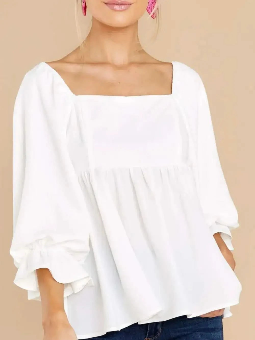 Smocked Square Neck Flounce Sleeve Blouse in - photo