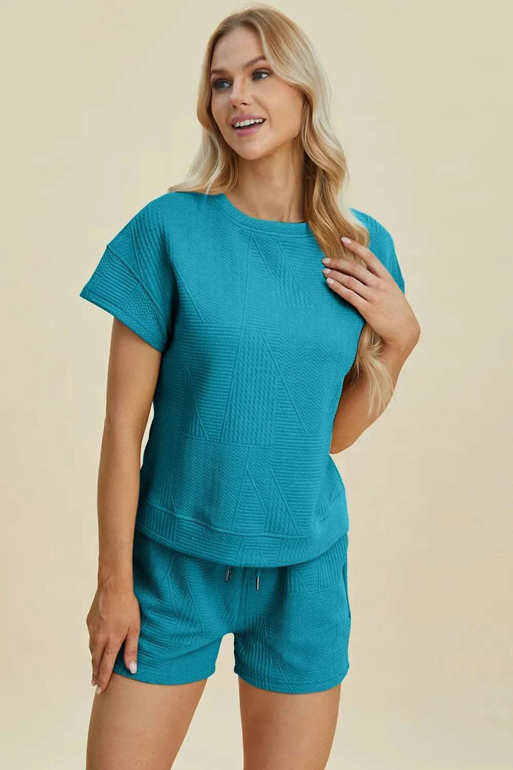 Double Take Full Size Texture Short Sleeve Top and Shorts Set - SwagglyLife Home & Fashion Double Take Full Size Texture Short Sleeve Top and Shorts Set - SwagglyLife Home & Fashion