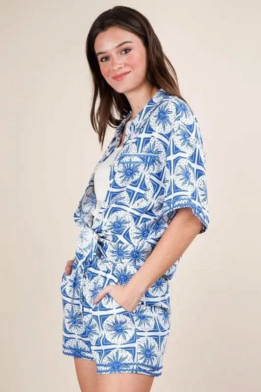 VERY J Full Size Tropical Printed Shirt Top and Shorts Set Plus Size in - photo