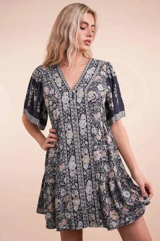 VERY J Shirring Detail Printed Woven Mini Dress in - Dresses photo