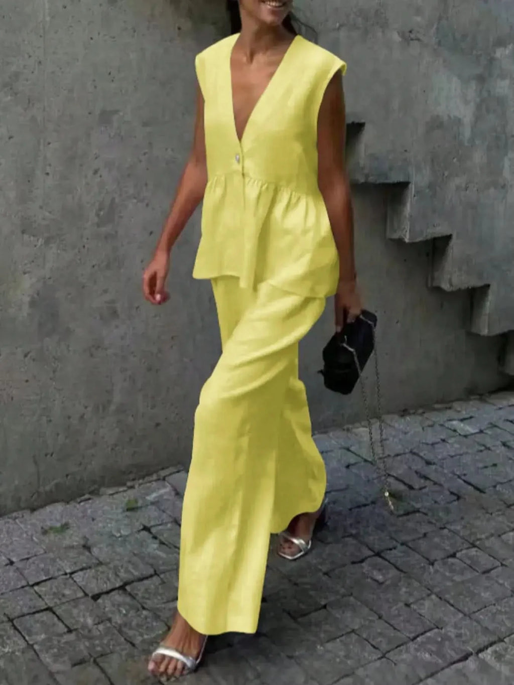 Button Down Peplum Vest and Pants Set in - photo