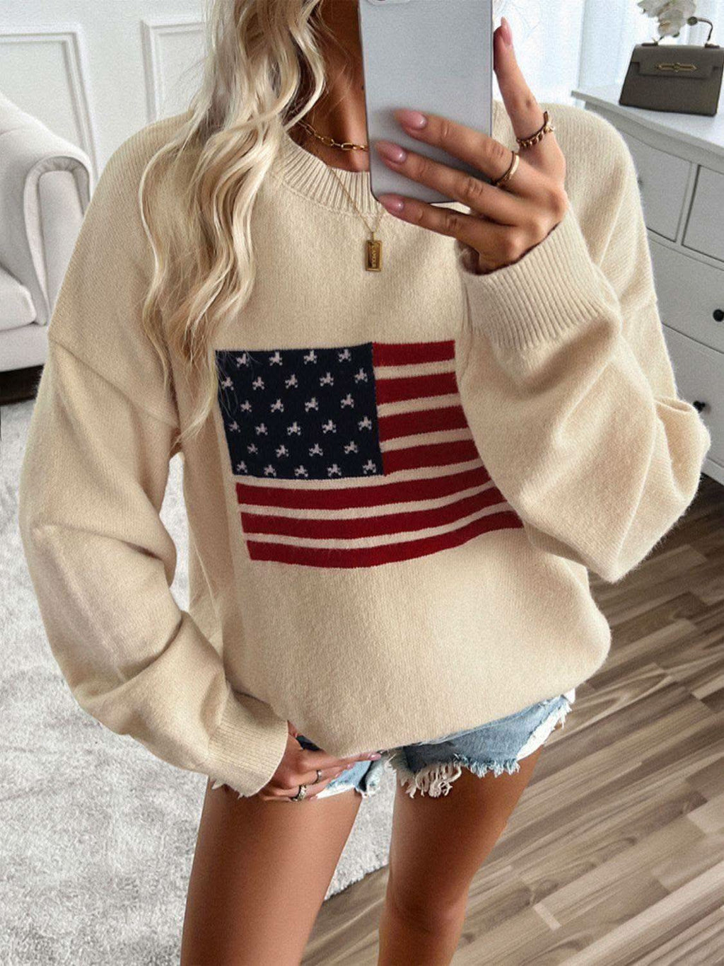 Devine US Flag Round Neck Long Sleeve Knit Top - SwagglyLife Home & Fashion