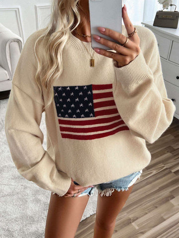Devine US Flag Round Neck Long Sleeve Knit Top - SwagglyLife Home & Fashion Devine US Flag Round Neck Long Sleeve Knit Top - SwagglyLife Home & Fashion