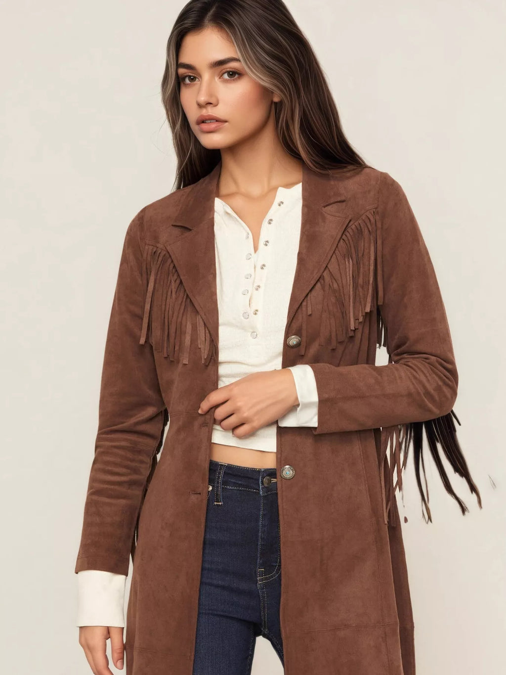 Fringe Lapel Collar Long Sleeve Coat in - photo