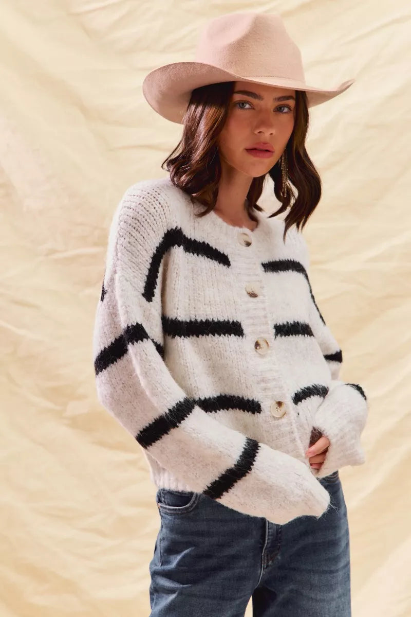 SO ME Stripe Soft Touch Button Cozy Sweater Cardigan in - photo