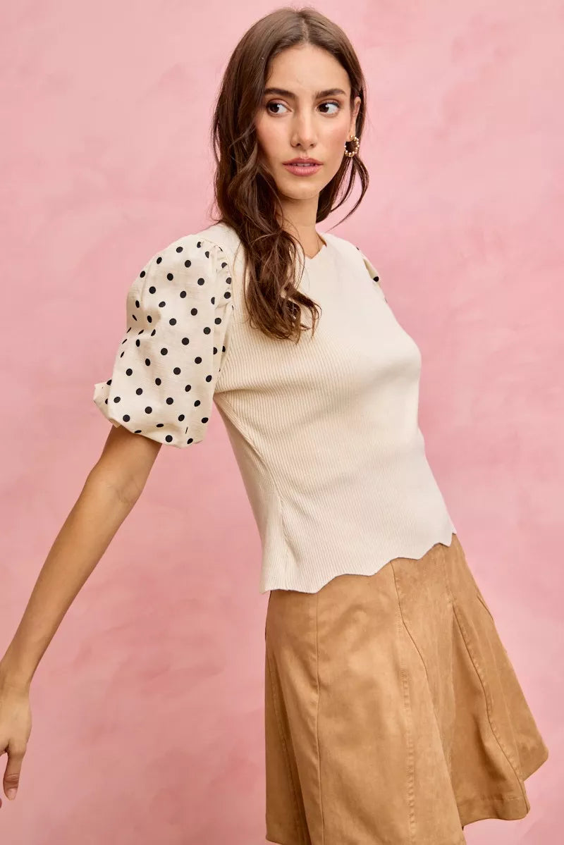 SO ME Polka Dot Contrast Woven Ballon Sleeve Blouse in - photo