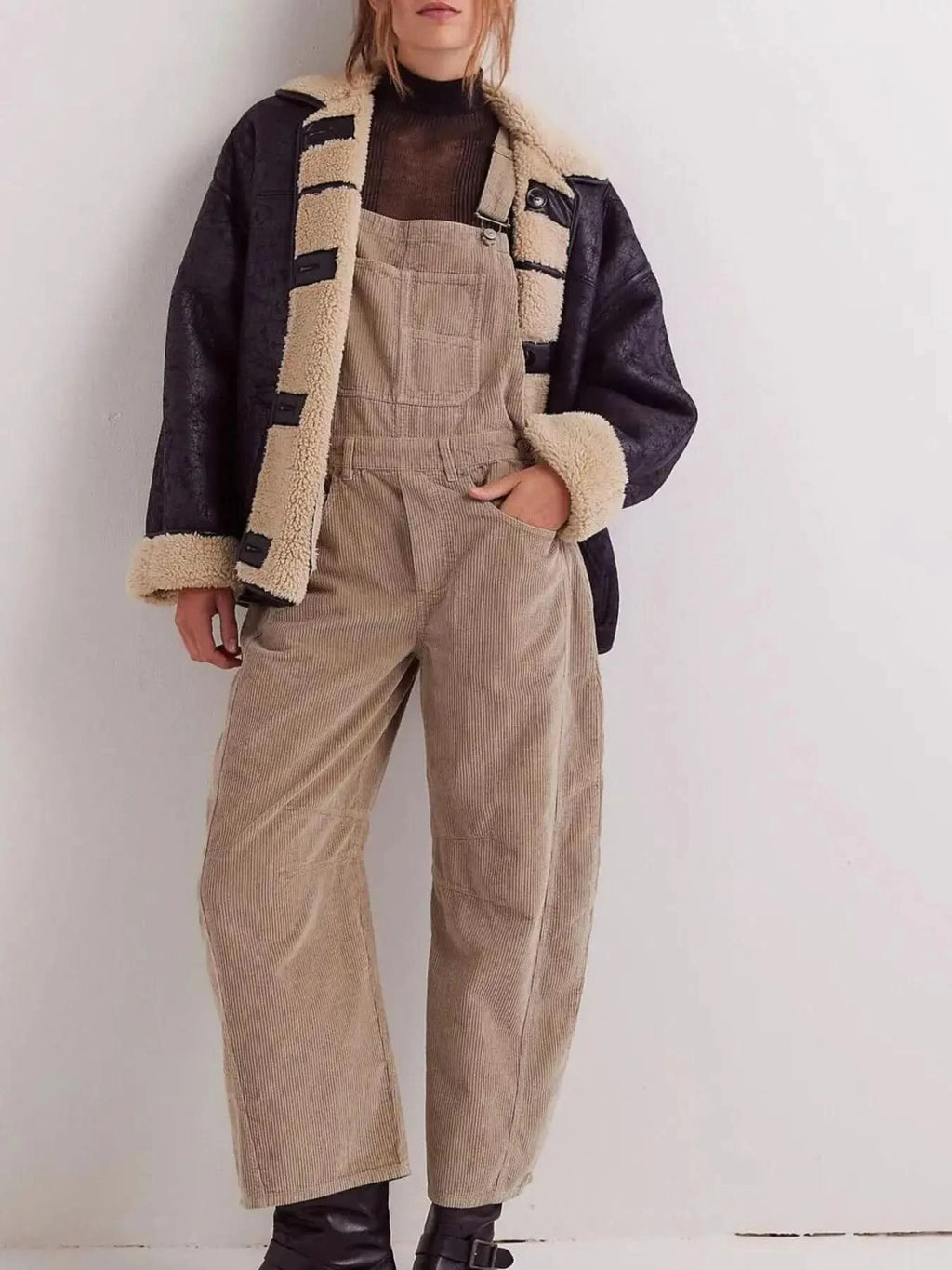 Corduroy Wide-Leg Overall with Adjustable Straps in Khaki - photo