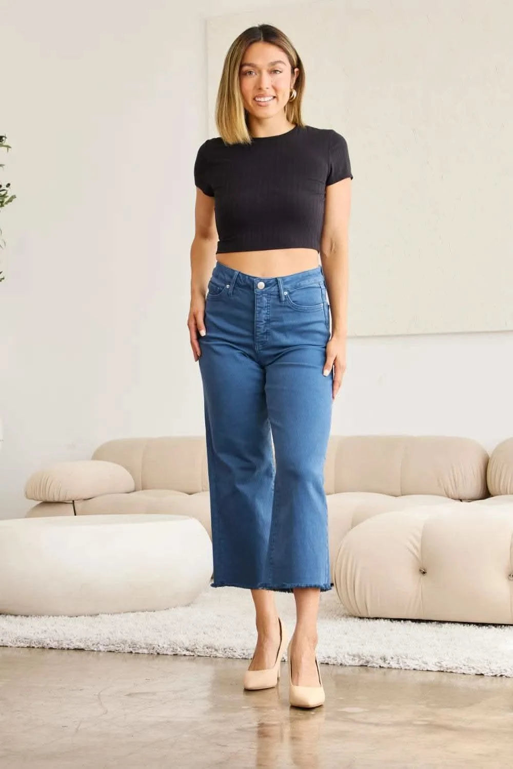 RFM Crop Chloe Full Size Tummy Control High Waist Raw Hem Jeans in - photo