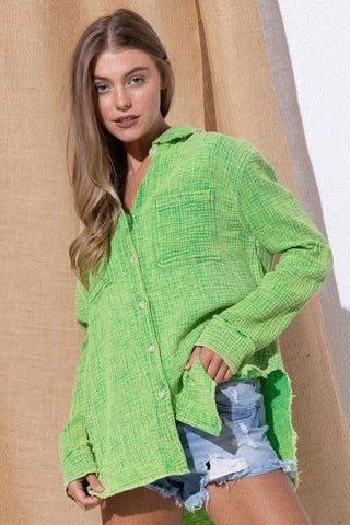 Washing Wrinkled Gauze Button Down Shirt With Rough Edge - SwagglyLife Home & Fashion Washing Wrinkled Gauze Button Down Shirt With Rough Edge - SwagglyLife Home & Fashion