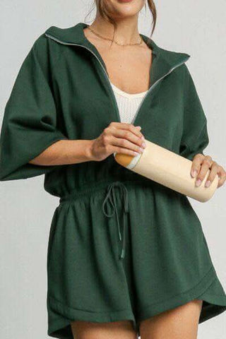 Drawstring Half Zip Long Sleeve Romper - SwagglyLife Home & Fashion Drawstring Half Zip Long Sleeve Romper - SwagglyLife Home & Fashion