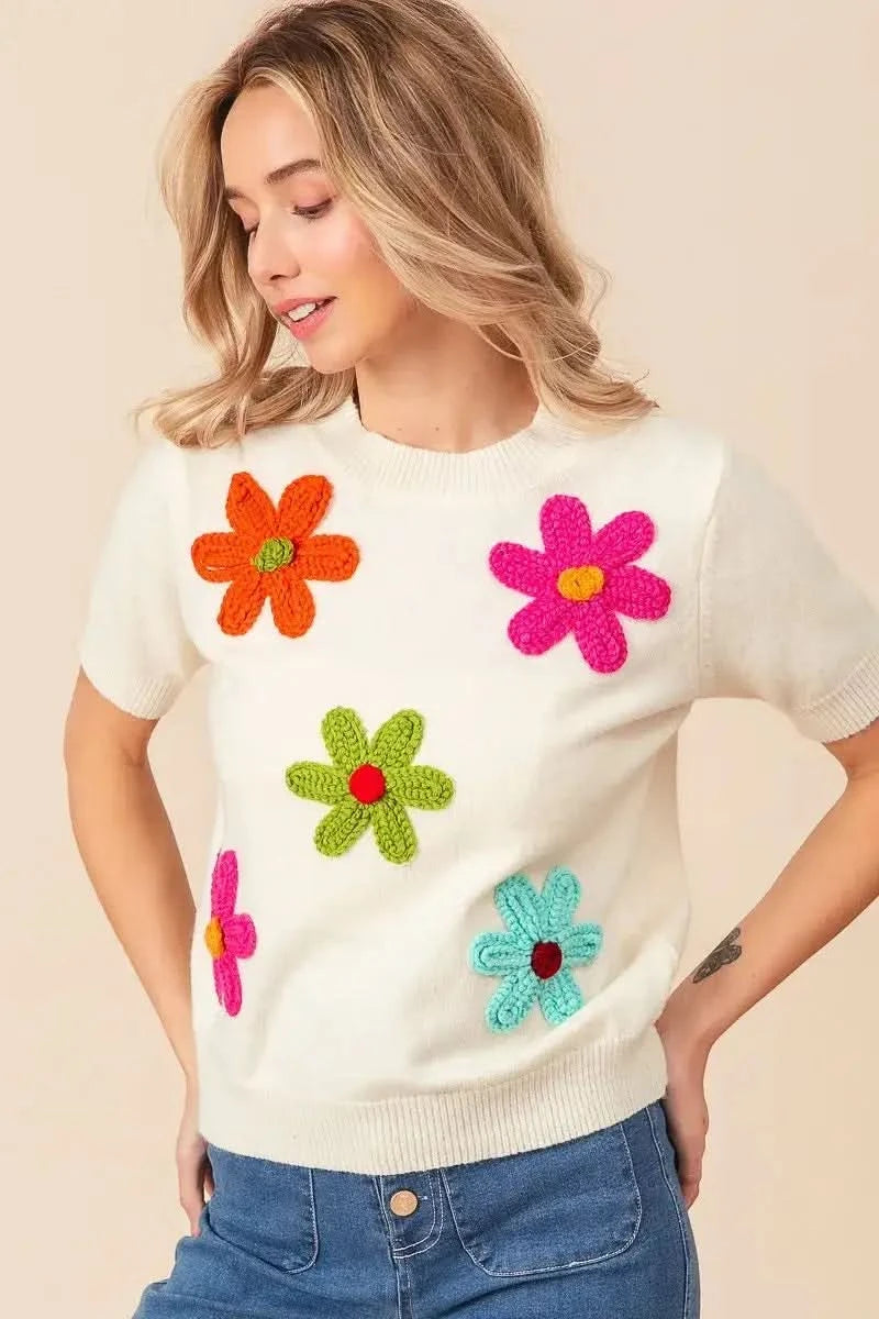 BiBi Crochet Flower Patch Sweater Top in - photo