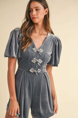Mable Jewel Bow Decor Puff Sleeve Velvet Romper - SwagglyLife Home & Fashion Mable Jewel Bow Decor Puff Sleeve Velvet Romper - SwagglyLife Home & Fashion