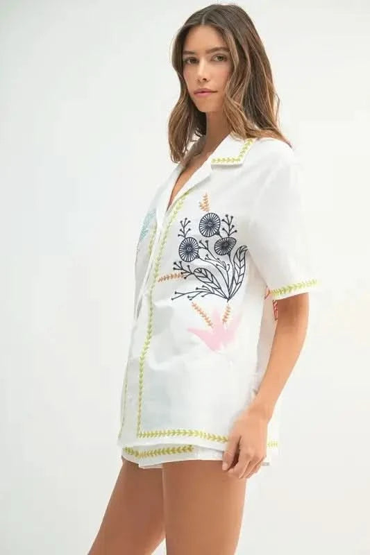 MABLE Embroidered Button Down Shirt and Shorts Set in - photo