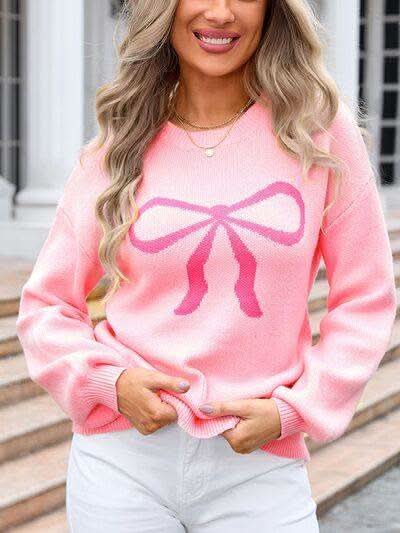 Angel Wings Bow Graphic Round Neck Long Sleeve Sweater in Blush Pink - photo