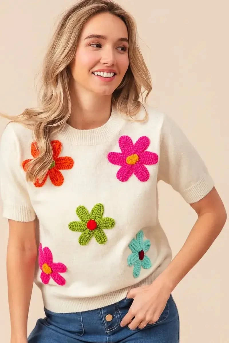 BiBi Crochet Flower Patch Sweater Top in - photo
