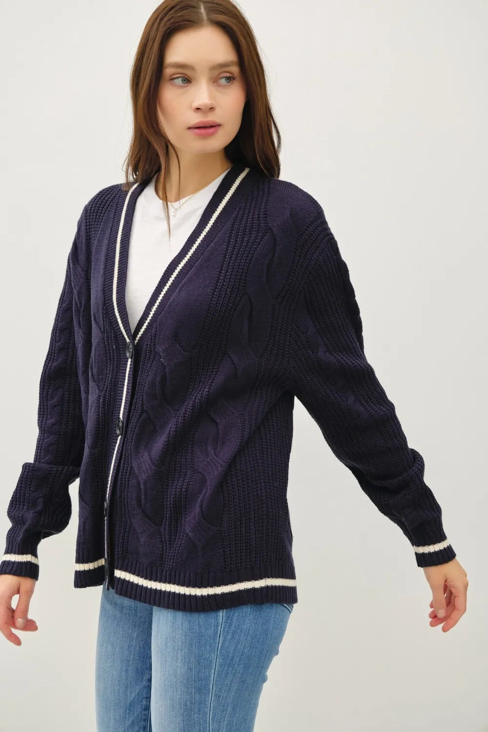 Be Cool Contrast Trim Cable-Knit V-Neck Cardigan in - photo