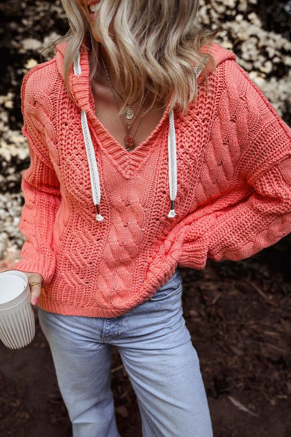 Drawstring Cable-Knit Hooded Sweater - SwagglyLife Home & Fashion