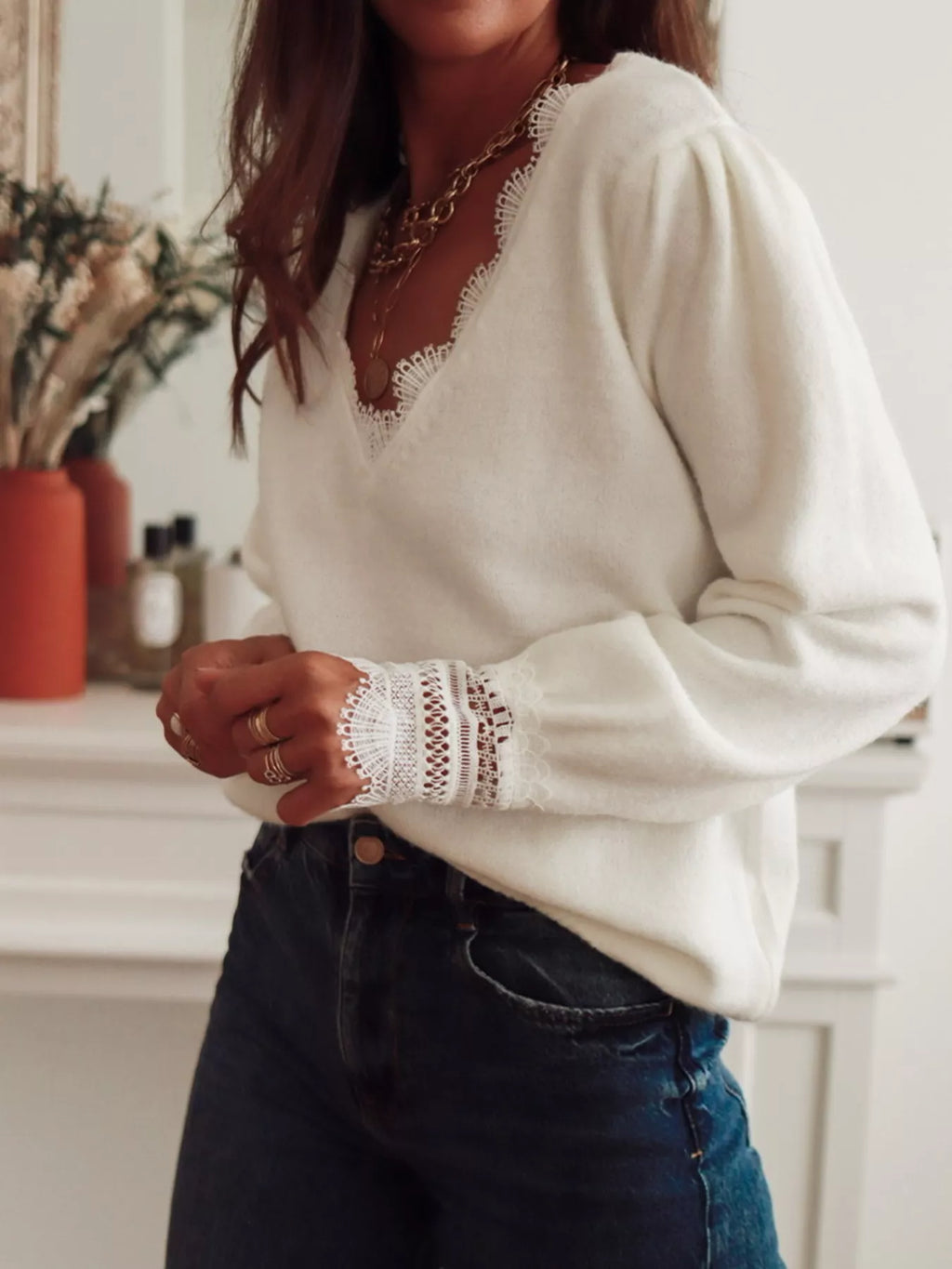 Lace Trim V-Neck Sweater - SwagglyLife Home & Fashion
