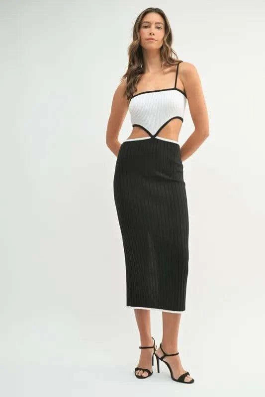 MABLE Ribbed Knit Color Block Cutout Midi Dress in - photo