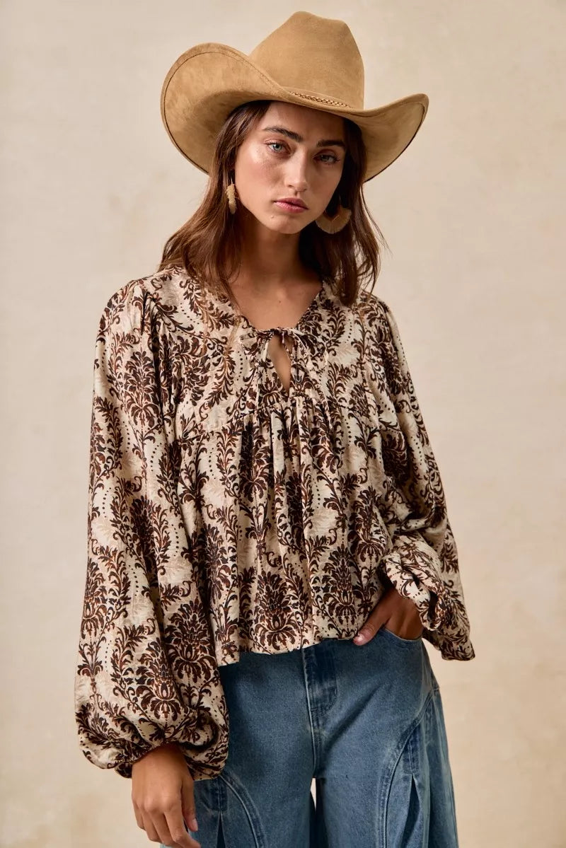 BiBi Printed Woven Front Tied Blouse with Baloon Sleeve in TAN BROWN - photo