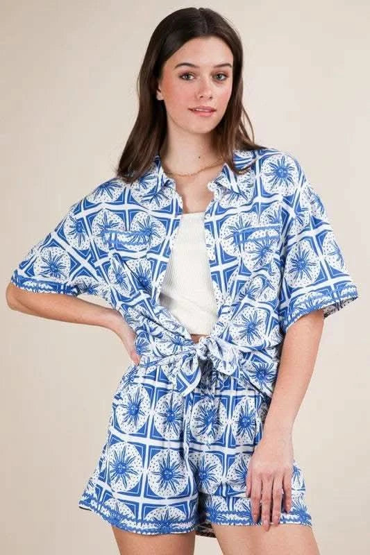 VERY J Full Size Tropical Printed Shirt Top and Shorts Set Plus Size in - photo