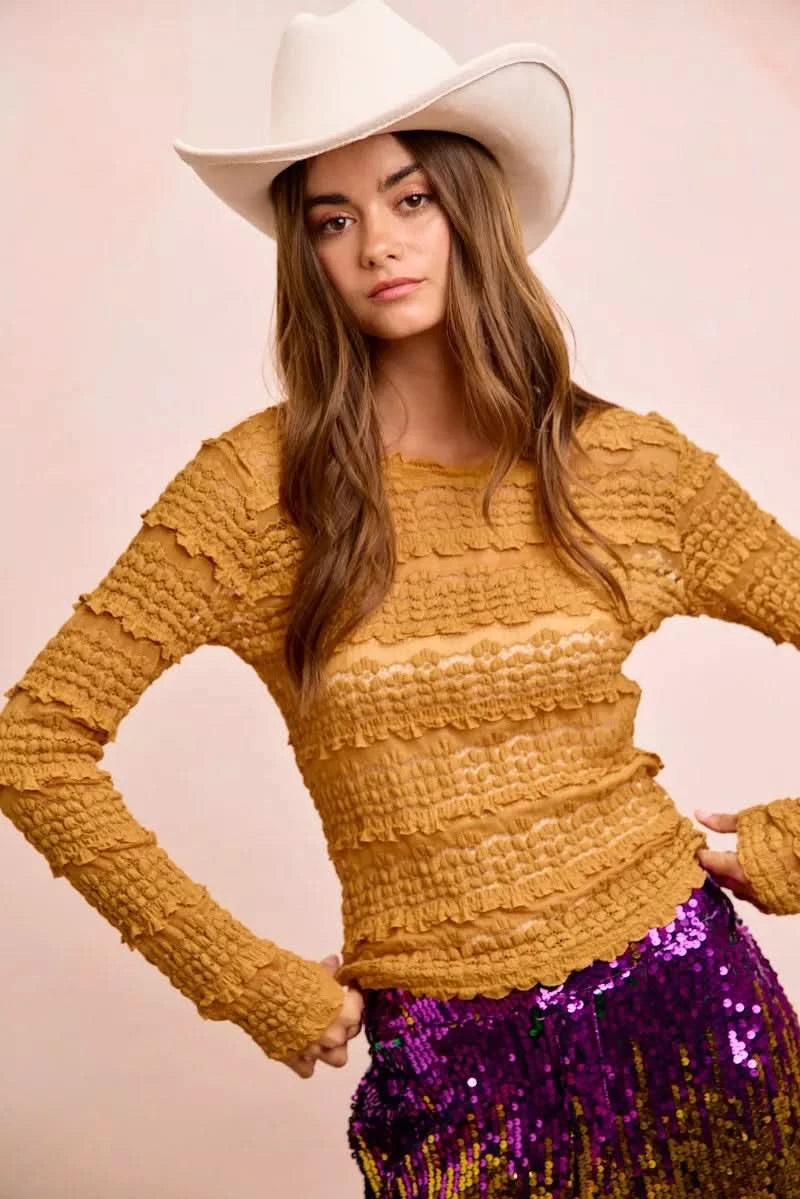 BiBi Ruffles Detail Mardi Gras Color Flower Lace Top in - photo