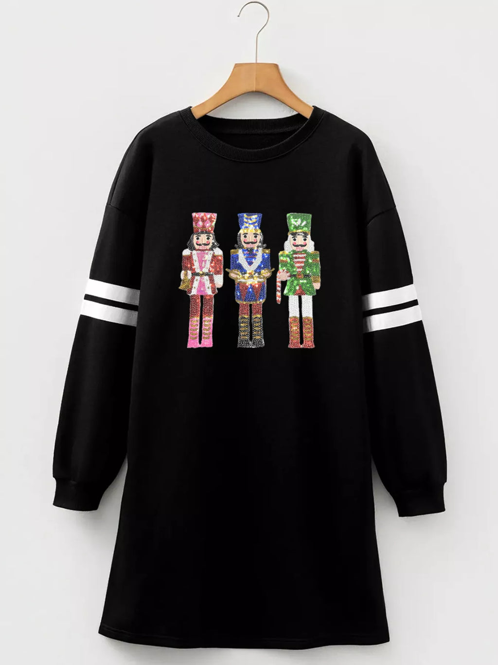 Christmas Sequin Nutcracker-man Graphic Varsity Striped Sleeve Sweatshirt Dress in - photo