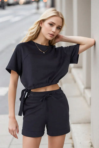 Basic Bae Drawstring Hem Air Scuba Round Neck Short Sleeve T-Shirt - SwagglyLife Home & Fashion Basic Bae Drawstring Hem Air Scuba Round Neck Short Sleeve T-Shirt - SwagglyLife Home & Fashion