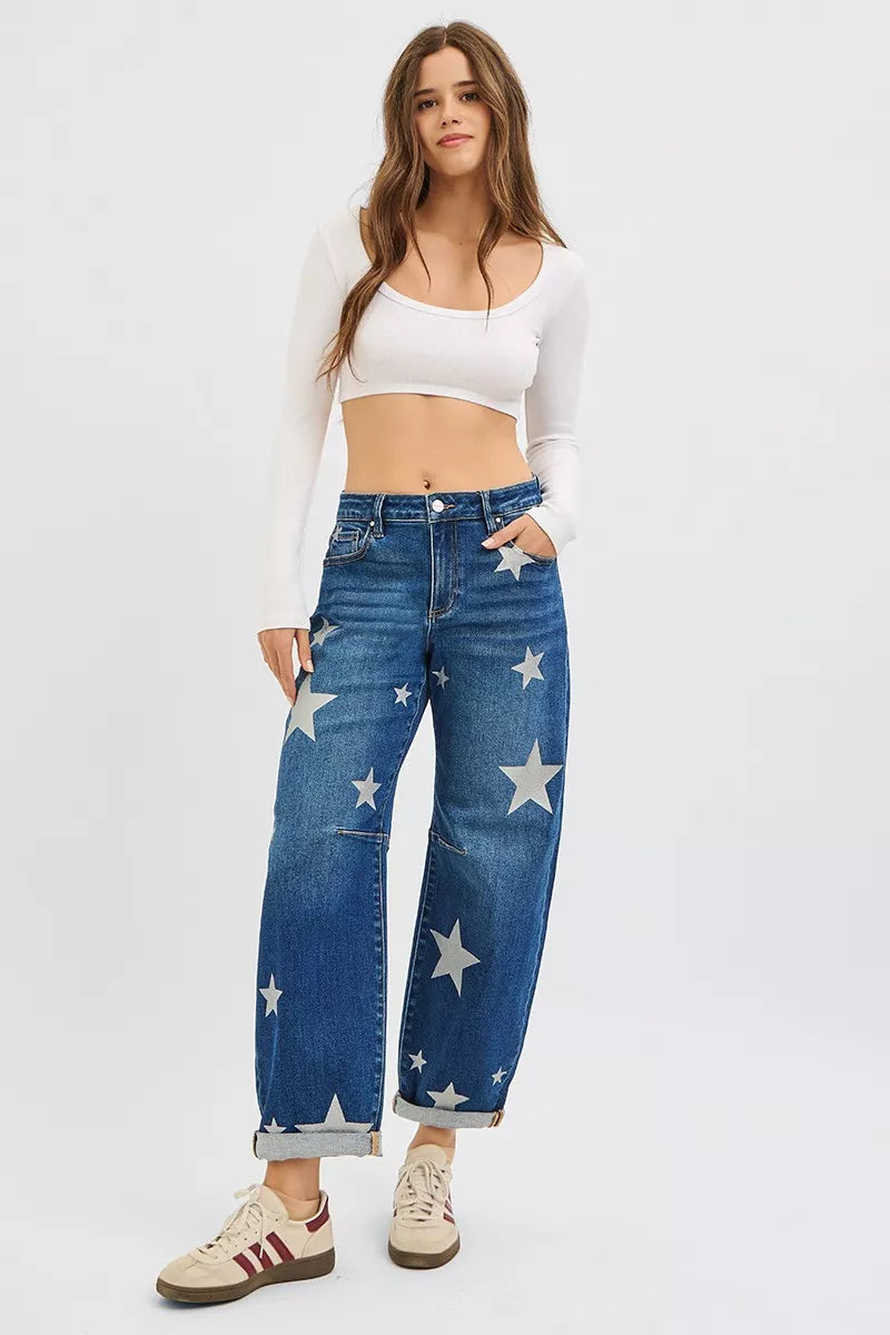 RISEN Star Print Mid Rise Barrel Jeans in - photo