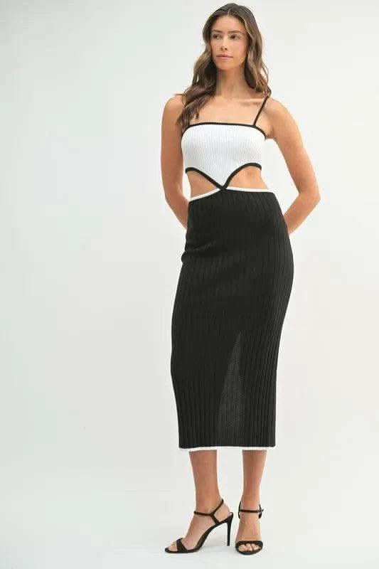 MABLE Ribbed Knit Color Block Cutout Midi Dress in Black - photo