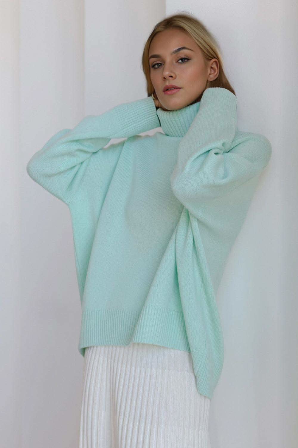 Basic Bae Turtleneck Dropped Shoulder Long Sleeve Sweater in Pastel Blue One Size - sweater photo