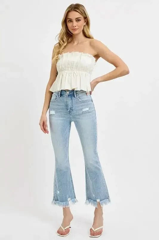 RISEN Full Size Raw Hem Distressed Cropped Flare Jeans Plus Size in - photo