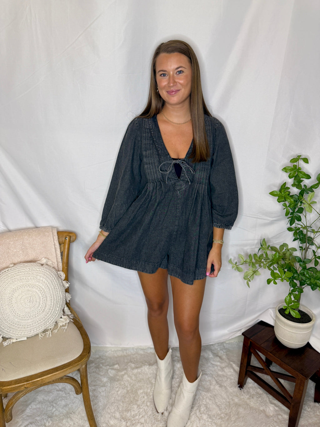 V-neck Puff Sleeve Denim Romper in - photo