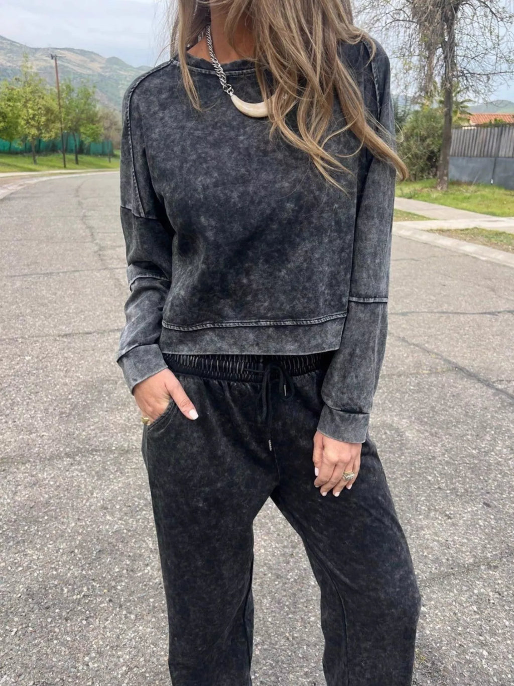 Full Size Washed Round Neck Top and Drawstring Pants Set Plus Size in - photo