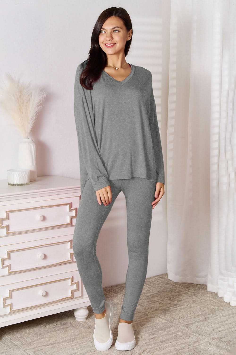 Basic Bae Bamboo Full Size V-Neck Long Sleeve Top and Pants Lounge Set in Gray - Sets photo