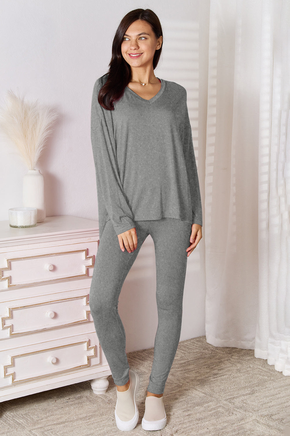 Basic Bae Bamboo Full Size V-Neck Long Sleeve Top and Pants Lounge Set in Gray - Sets photo