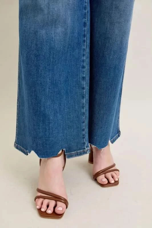 Judy Blue Full Size High Waist Tummy Control Chew Hem Destroy Wide Jeans Plus Size in - photo