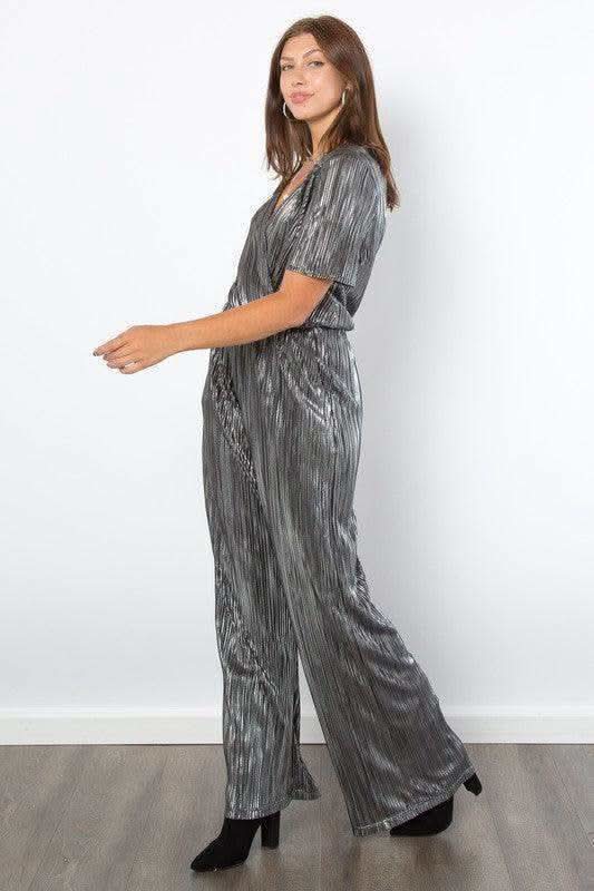 Be Stage Surplice Short Sleeve Pleated Foil Jumpsuit - SwagglyLife Home & Fashion Be Stage Surplice Short Sleeve Pleated Foil Jumpsuit - SwagglyLife Home & Fashion