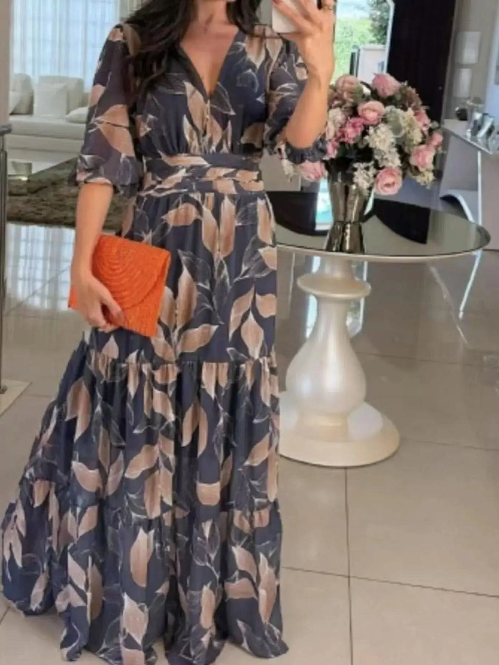 Full Size Printed V-Neck Maxi Dress with Tiered Hemline Plus Size - SwagglyLife Home & Fashion