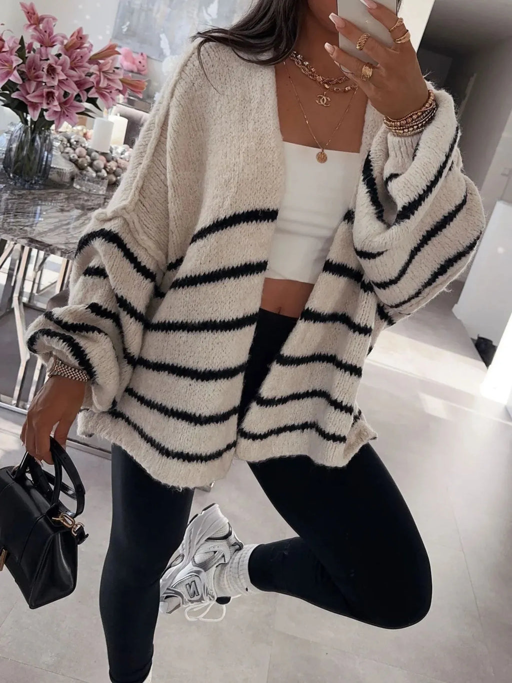 Striped Open Front Dropped Shoulder Cardigan in - photo