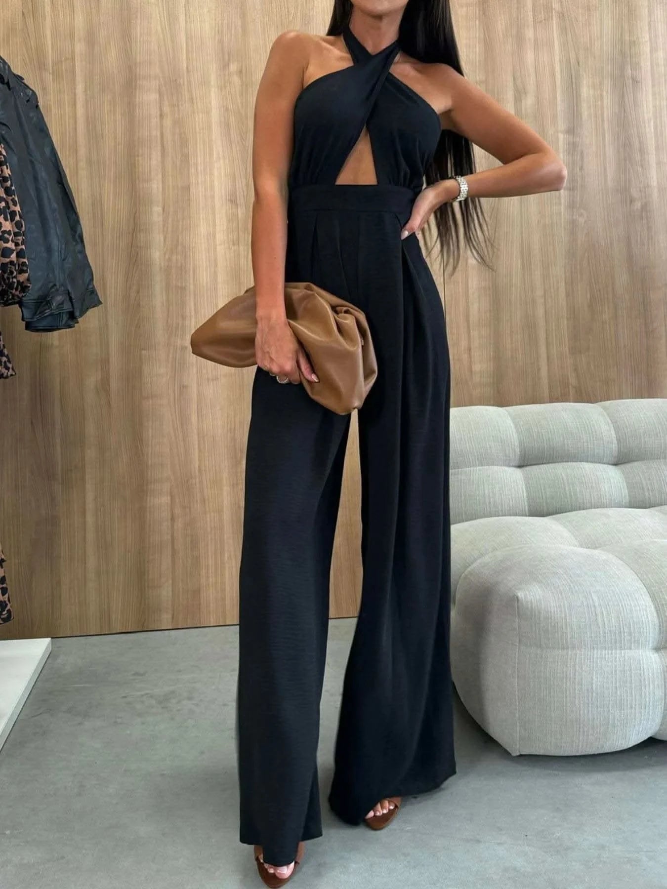 Wide Leg Cutout Halter Neck Jumpsuit - SwagglyLife Home & Fashion Wide Leg Cutout Halter Neck Jumpsuit - SwagglyLife Home & Fashion