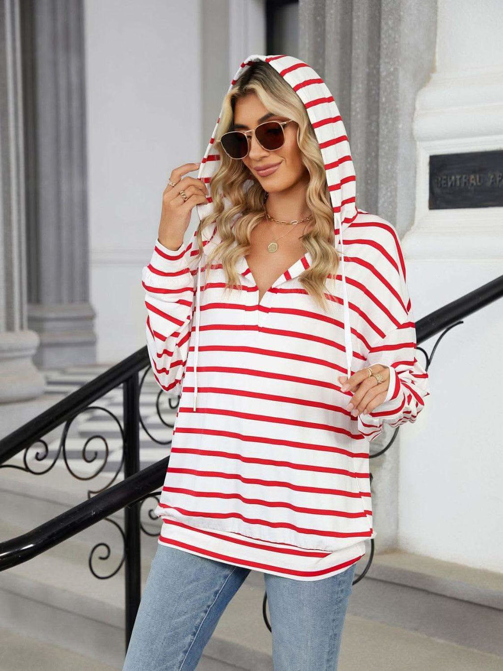 Drawstring Striped Long Sleeve Hoodie - SwagglyLife Home & Fashion