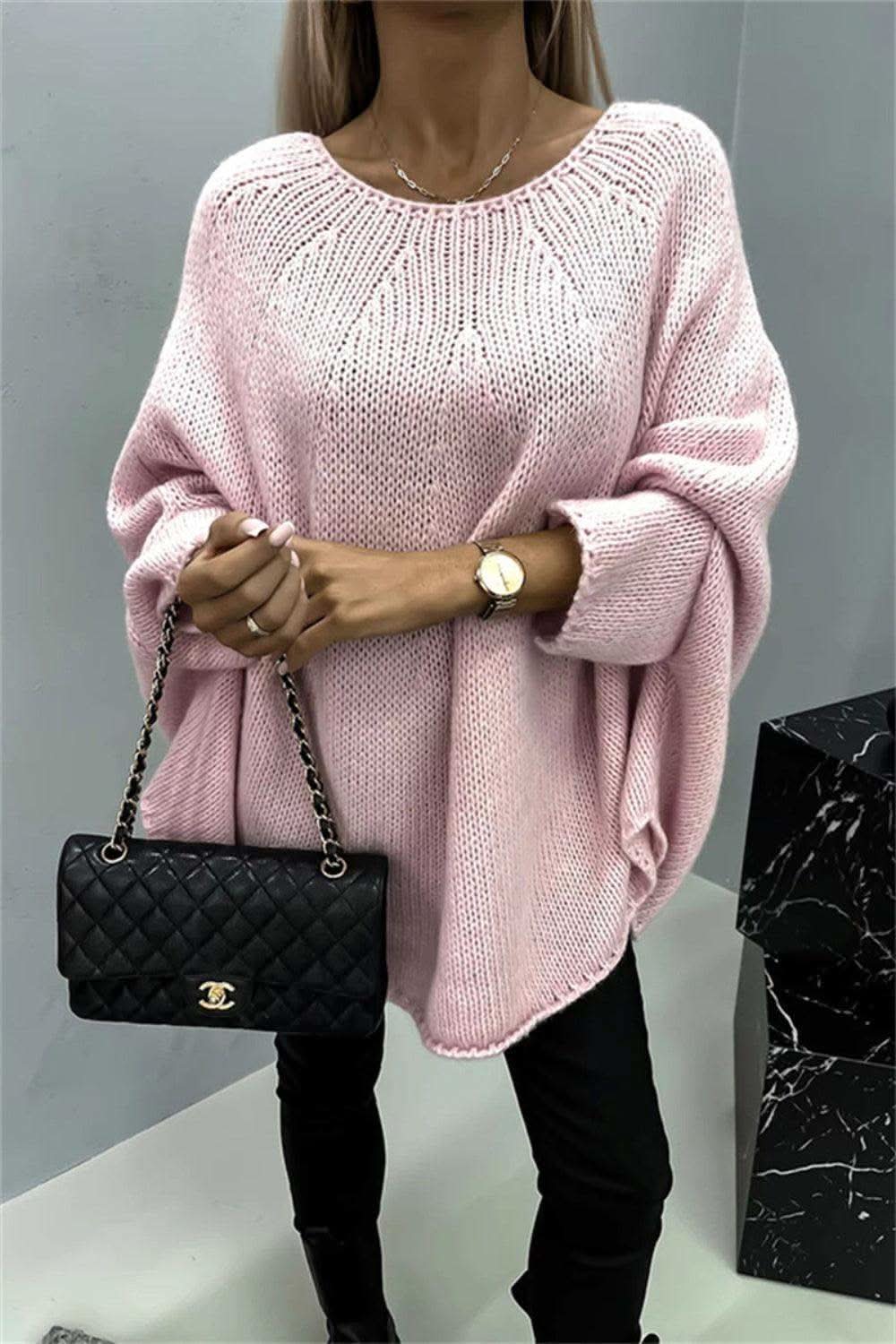 Round Neck Batwing Sleeve Sweater - SwagglyLife Home & Fashion