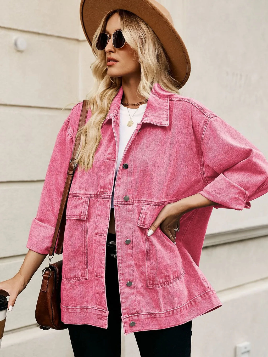 Oversized Button Up Denim Jacket with Hood in - photo