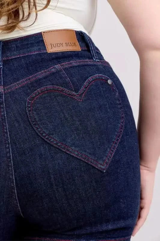 Judy Blue Plus Size HW Heart Shaped Pkts & Red Contrast Thread Denim Shorts - SwagglyLife Home & Fashion